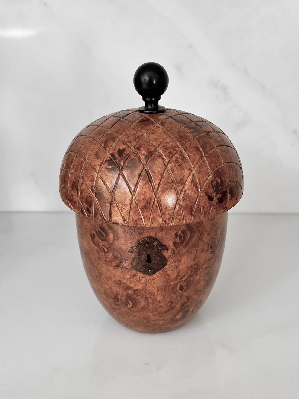 Vintage Bob Timberlake Wood Tea Caddy Box Faux Burl Acorn Shaped hinged Signed